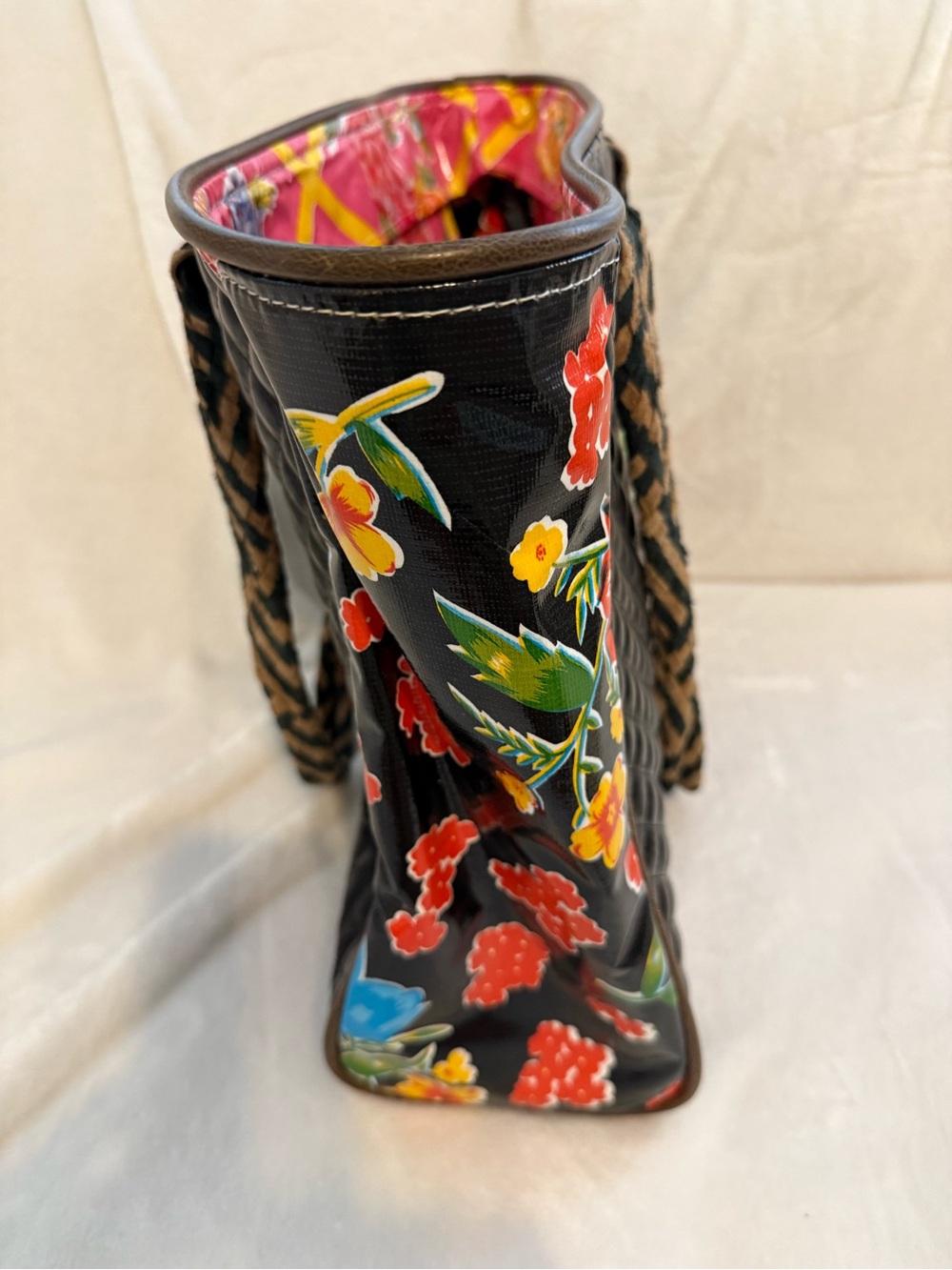 Consuela Vintage Black Tote with Bright Floral interior & sides, inside pocket - Picture 5 of 12